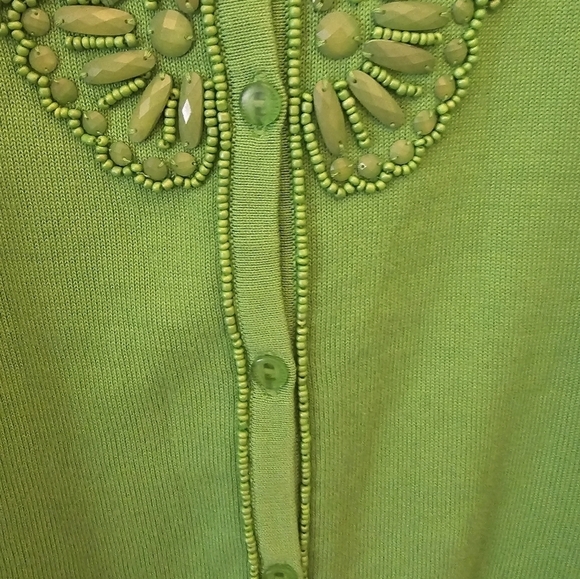 Talbots Medium Cotton Blend Apple Green Beaded Knit Cardigan - Picture 6 of 9
